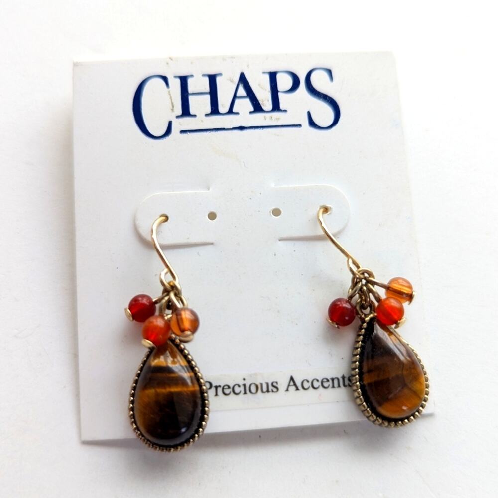 Chaps Semi Precious Tigers Eye Stone Beaded Boho Dangle Hook Earrings NWT